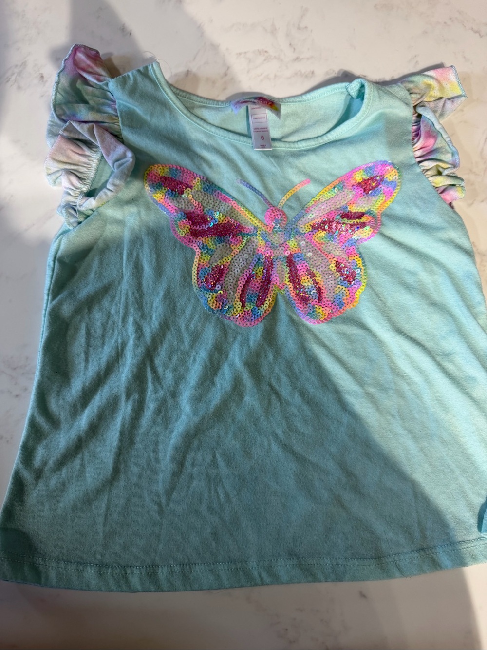 Magic Aqua Sequin Butterfly Ruffle Sleeve Tee